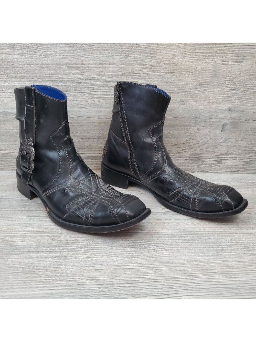 Mark Nason Rock Lives black leather dragon buckle boots